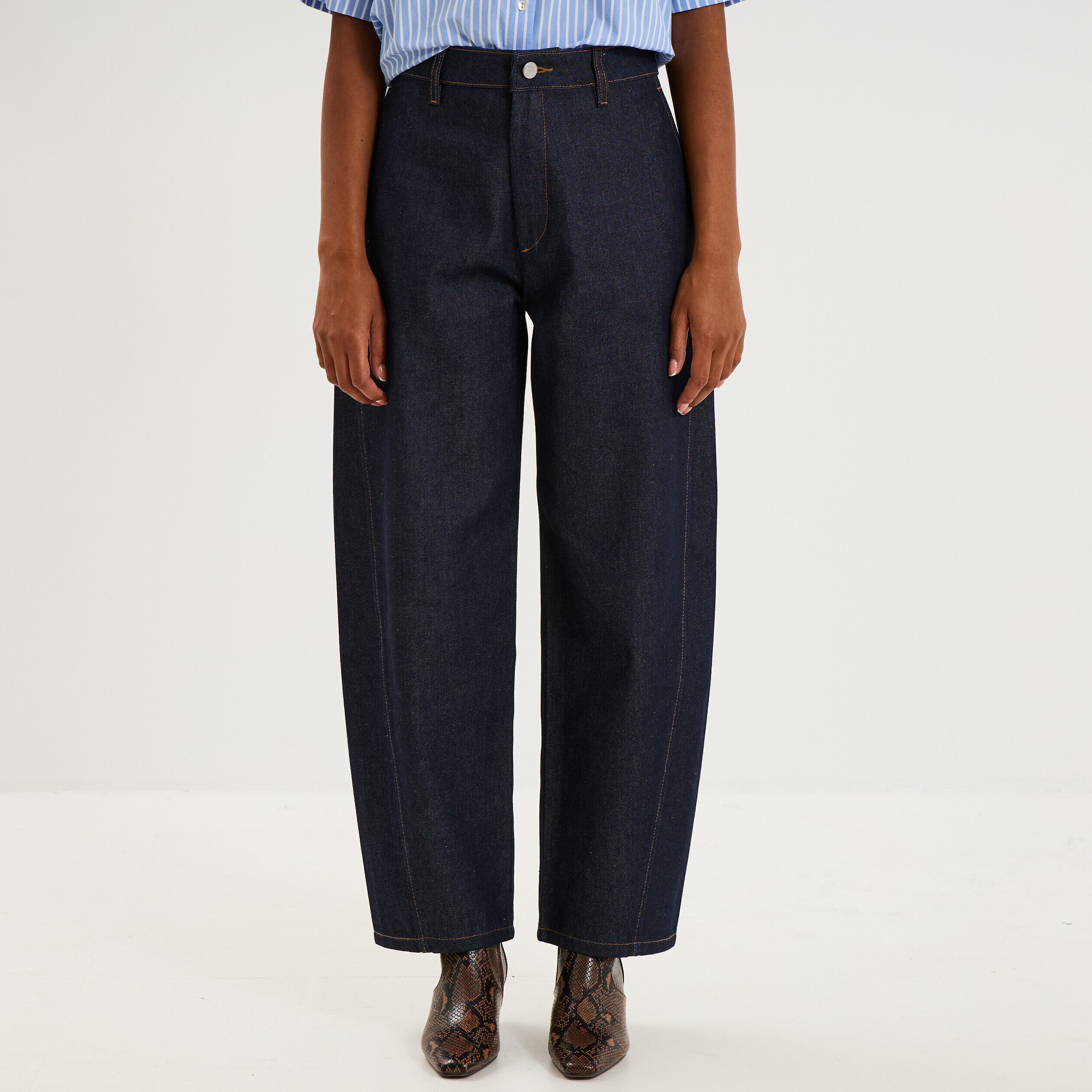 Jean barrel taille haute denim brut femme