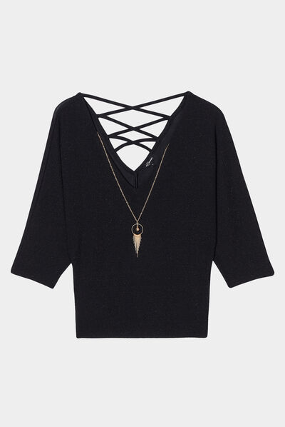 T-shirt à bijoux manches amples noir femme