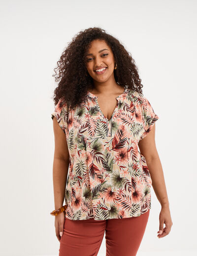 Blouse col en V manches courtes beige femme grande taille