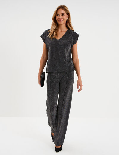 Pantalon flare fils m&eacute;tallis&eacute;s gris argent femme