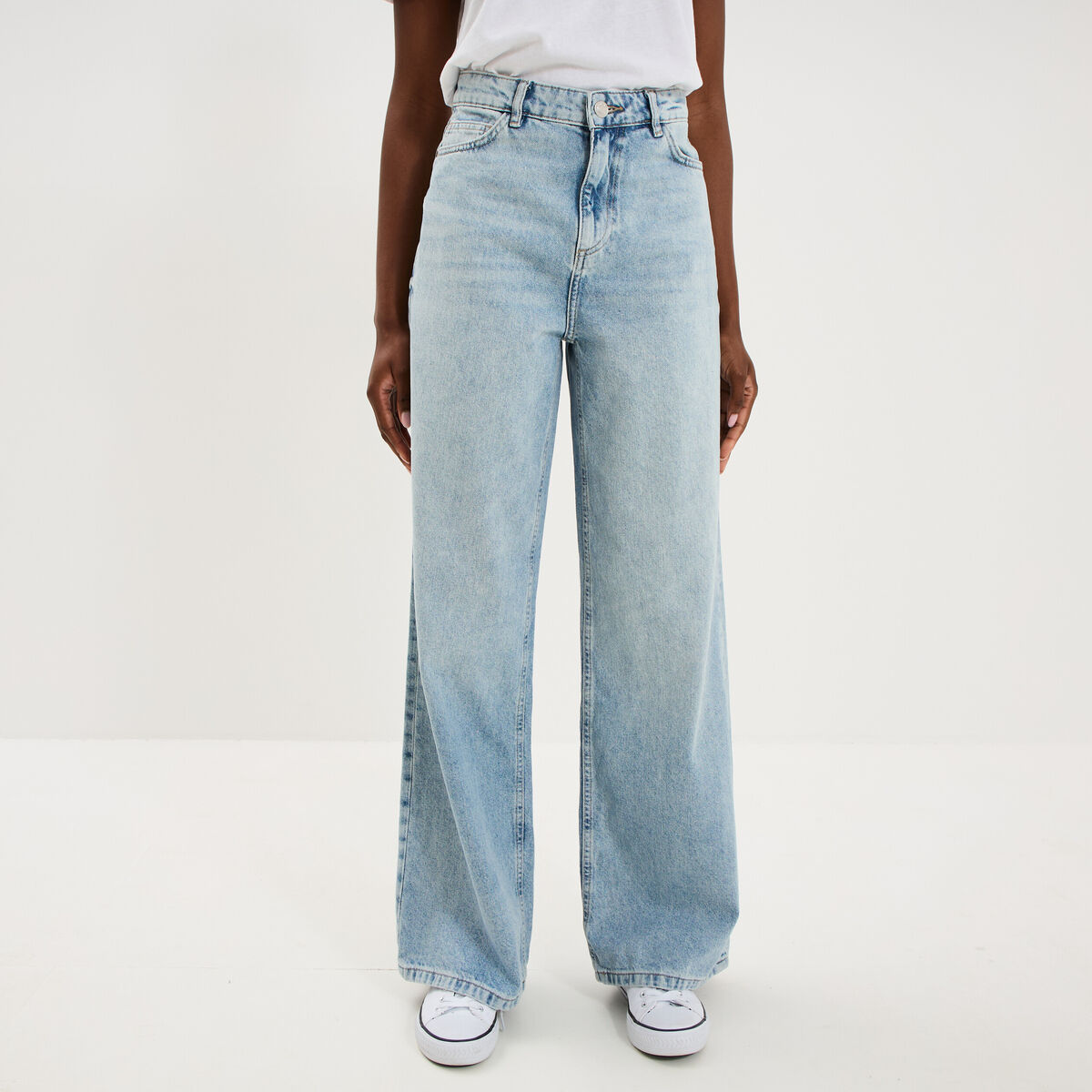 Jean large taille haute coton denim double stone femme