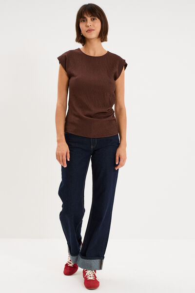 T-shirt fronc&eacute; gaufr&eacute; manches courtes marron fonc&eacute; femme
