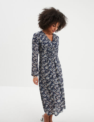 Robe longue fluide et &eacute;vas&eacute;e bleu marine femme