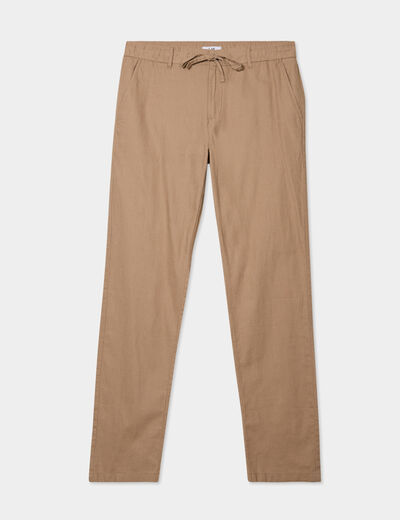 Pantalon chino droit lin m&eacute;lang&eacute; taupe homme