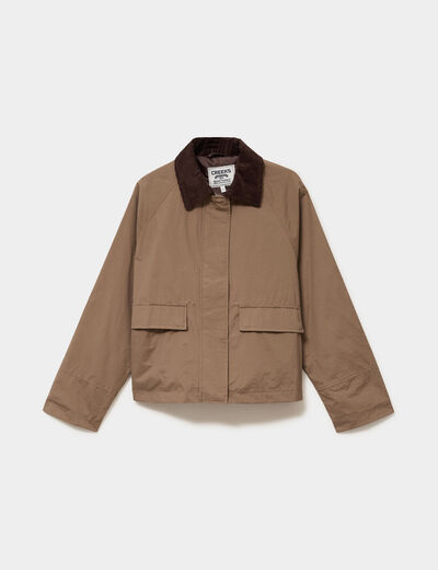 Veste courte oversize col velours c&ocirc;tel&eacute; taupe femme