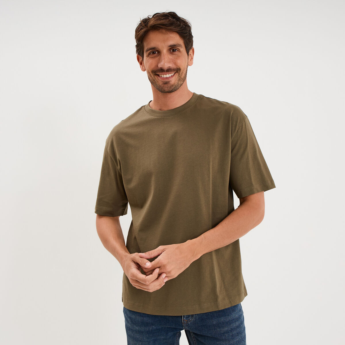 T-shirt col rond coupe relax coton &eacute;pais vert kaki homme
