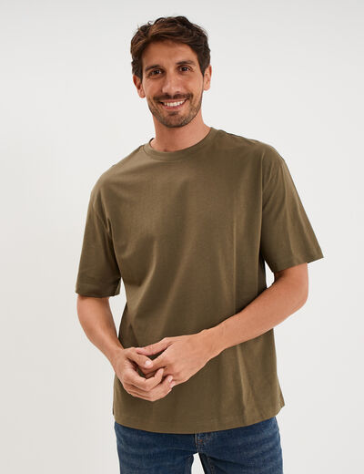 T-shirt col rond coupe relax coton &eacute;pais vert kaki homme