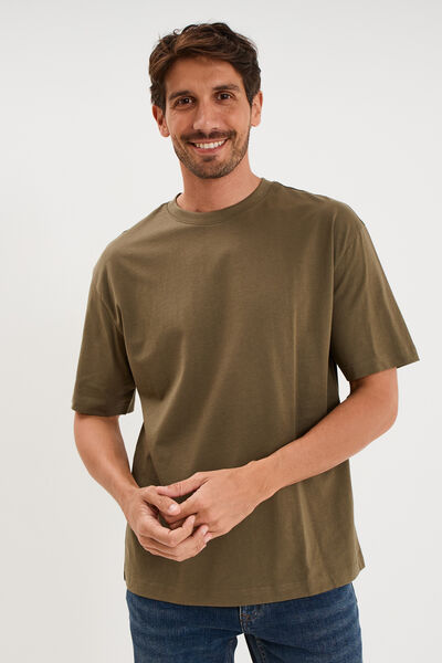 T-shirt col rond coupe relax coton &eacute;pais vert kaki homme