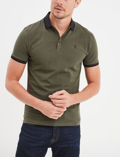 Polo coton ajusté manches courtes vert kaki homme