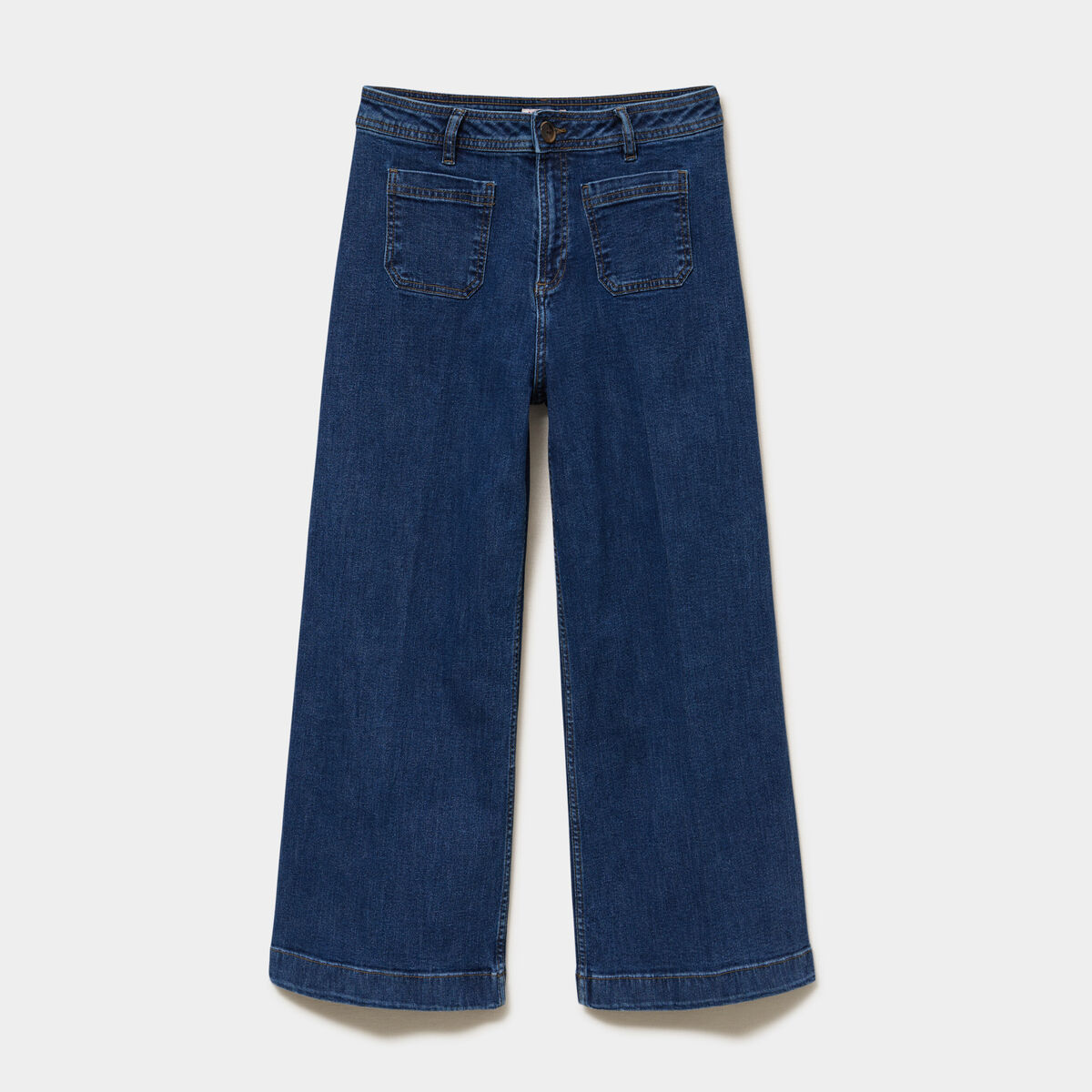 Jean large cropped poches plaqu&eacute;es denim stone femme