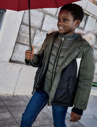 Parka 3-en-1 &agrave; capuche fausse fourrure vert kaki gar&ccedil;on
