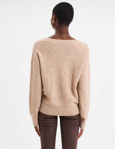 Pull col V &agrave; paillettes et sequins beige femme