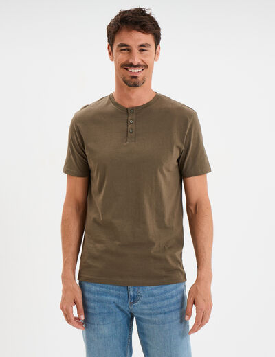 T-shirt col tunisien manches courtes vert kaki homme