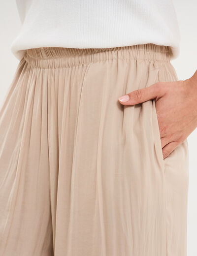 Pantalon large effet satin&eacute; &eacute;lastiqu&eacute; beige femme