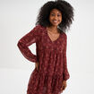 Robe évasée col en V et volants bordeaux femme