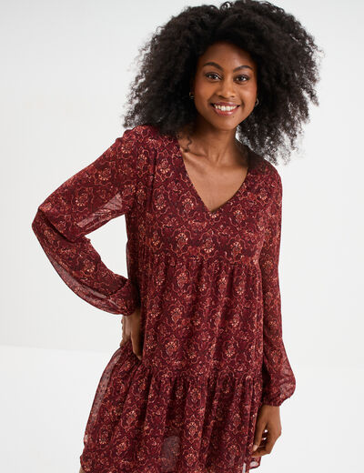 Robe évasée col en V et volants bordeaux femme