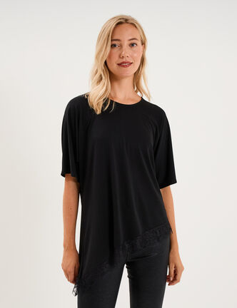 T-shirt asym&eacute;trique &agrave; dentelle noir femme