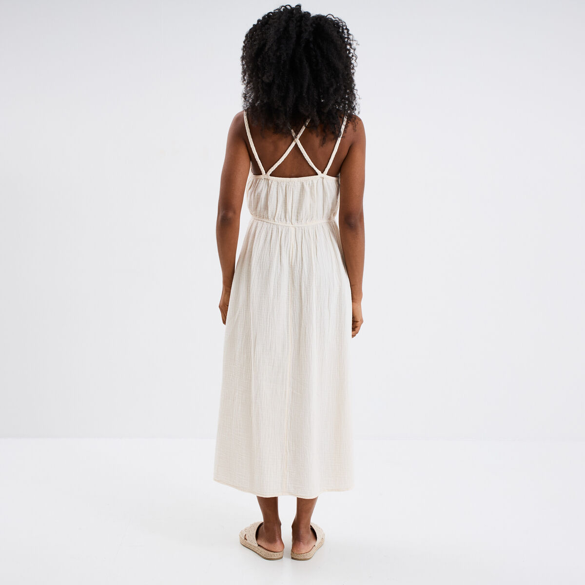 Robe longue buste macram&eacute; gaze de coton creme femme