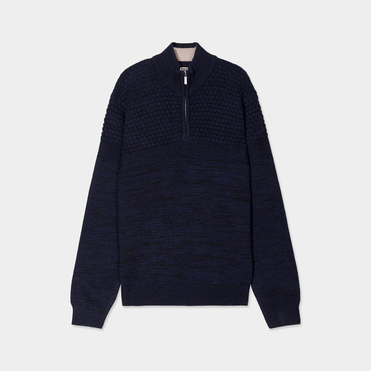 Pull col camionneur zipp&eacute; bleu fonc&eacute; homme