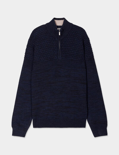Pull col camionneur zipp&eacute; bleu fonc&eacute; homme