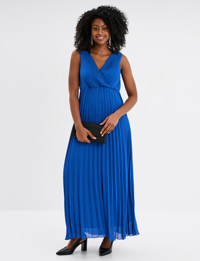Robe longue plissée sans manches col V bleu roi femme