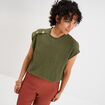 T-shirt gaufr&eacute; col rond avec boutons vert kaki femme