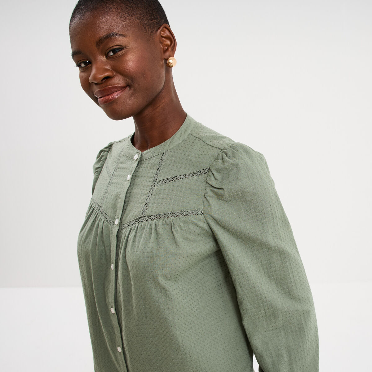 Blouse droite manches longues coton vert kaki femme