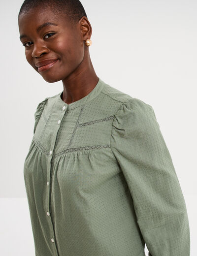 Blouse droite manches longues coton vert kaki femme