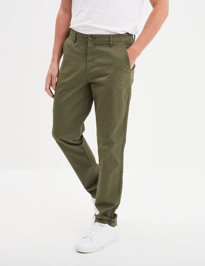 Pantalon chino droit stretch retroussé vert kaki homme