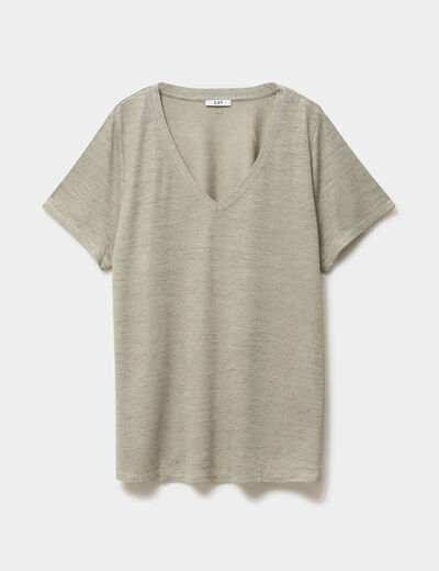 T-shirt col en V manches courtes vert kaki femme grande taille
