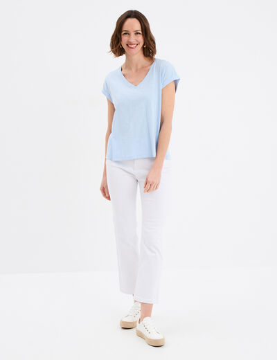 T-shirt dos dentelle brodée coton bleu ciel femme