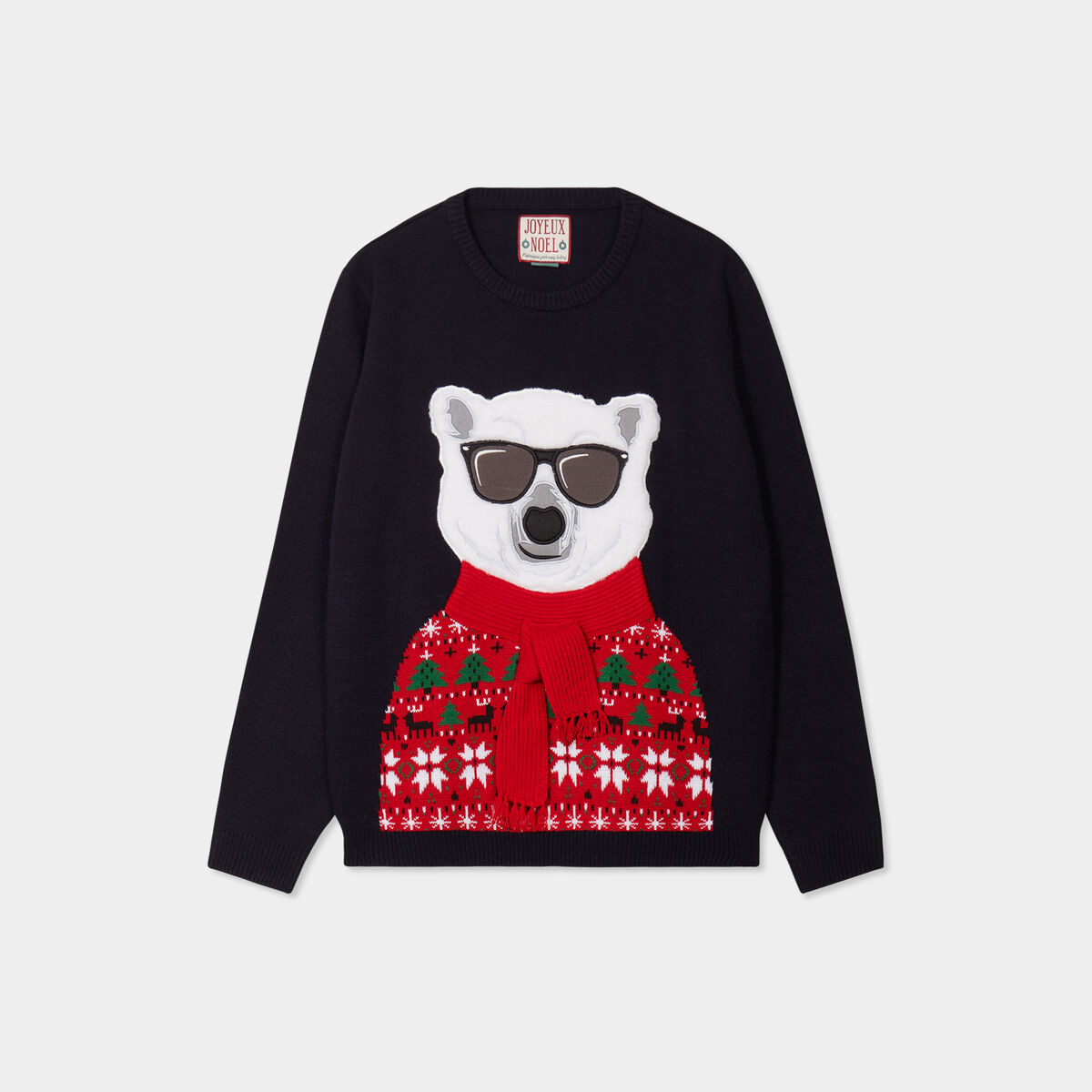 Pull No&euml;l manches longues col rond bleu fonc&eacute; homme