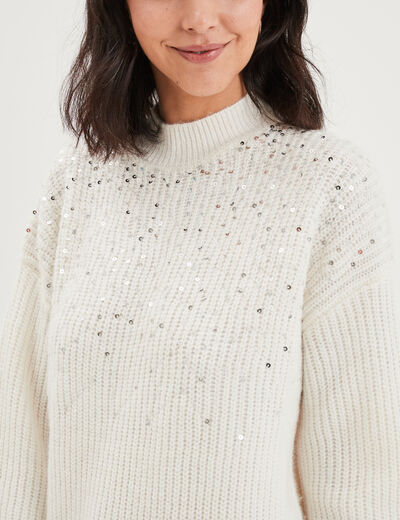 Pull côtelé à sequins et col montant blanc femme