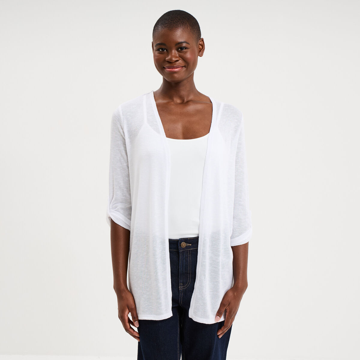 Gilet fin mi long manches 3/4 blanc femme