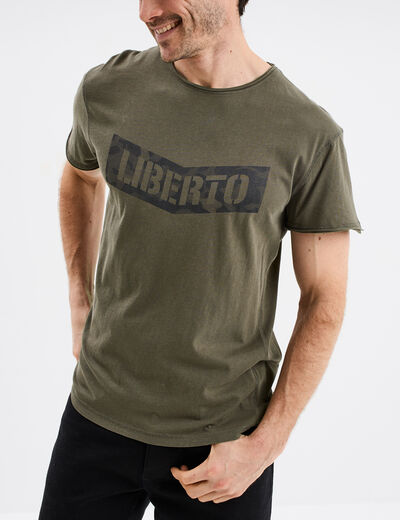 T-shirt manches courtes coton d&eacute;lav&eacute; vert kaki homme