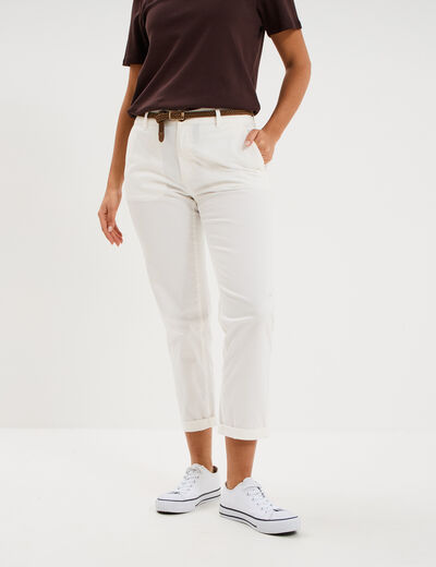 Pantalon chino 7/8&egrave;me ceinture tress&eacute;e ecru femme