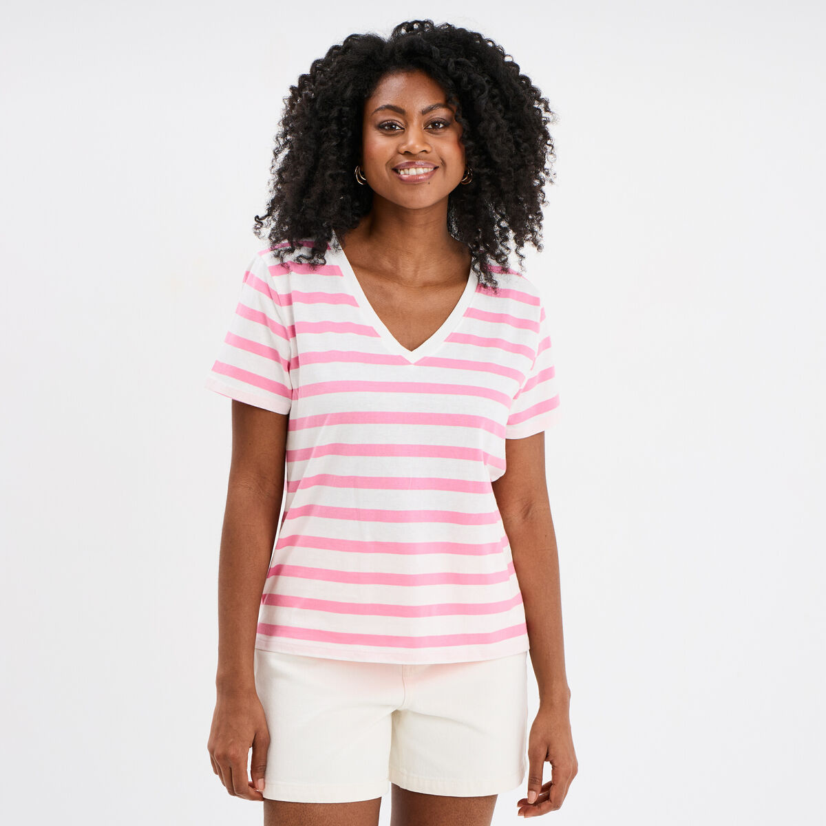 T-shirt col en V manches courtes coton creme femme