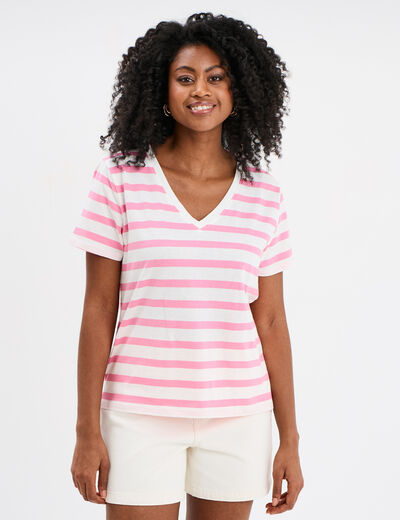 T-shirt col en V manches courtes coton creme femme
