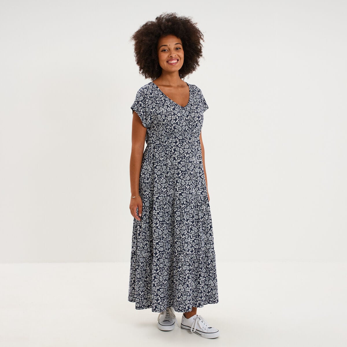 Robe longue col en V grossesse bleu marine femme maternit&eacute;