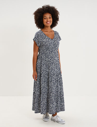 Robe longue col en V grossesse bleu marine femme maternit&eacute;