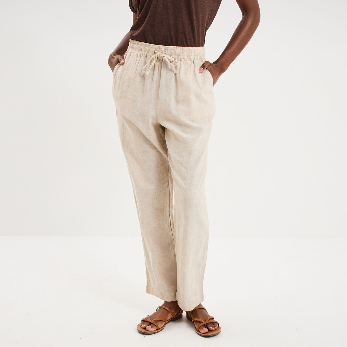 Pantalon droit 7/8&egrave;me lin m&eacute;lang&eacute; beige femme