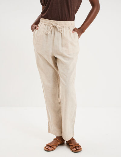 Pantalon droit 7/8&egrave;me lin m&eacute;lang&eacute; beige femme