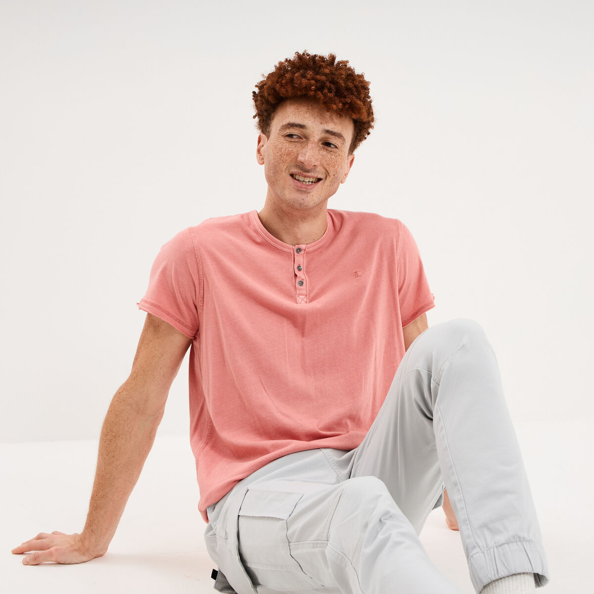 T-shirt col tunisien manches courte vieux rose homme