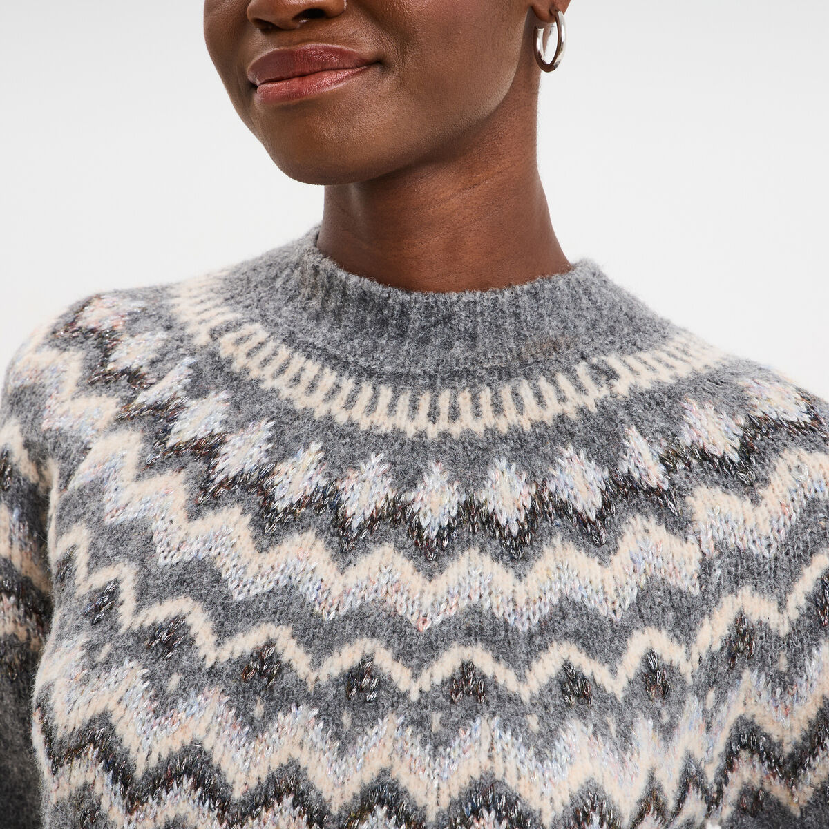 Pull col rond jacquard manches longues gris clair femme