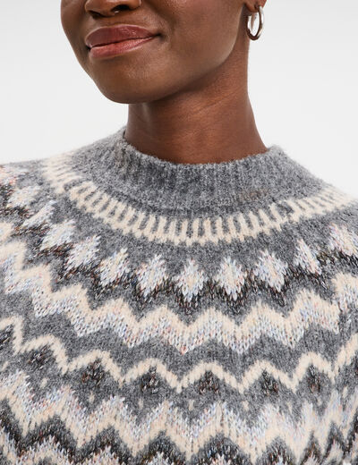 Pull col rond jacquard manches longues gris clair femme