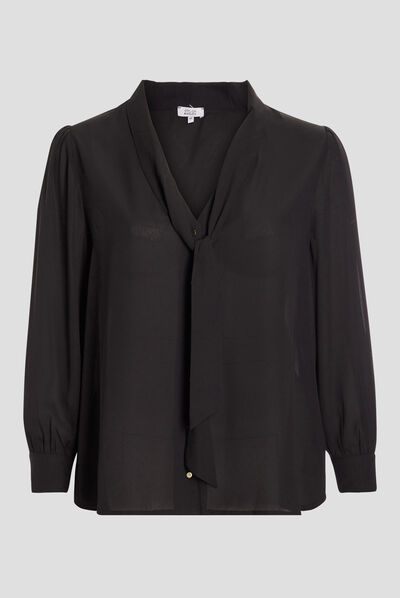 Chemise à col lavalière manches longues noir femme grande taille