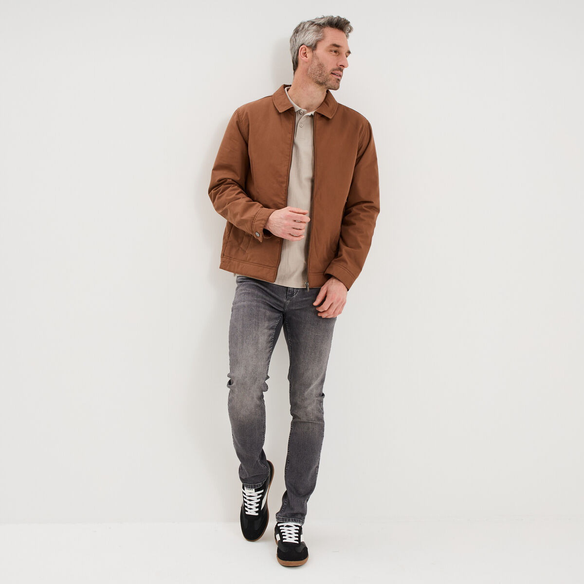 Blouson zipp&eacute; doubl&eacute; col &agrave; revers marron homme