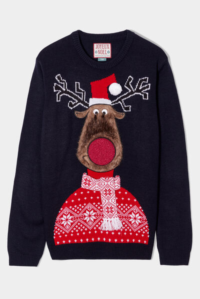 Pull de Noël avec pompon bleu marine homme