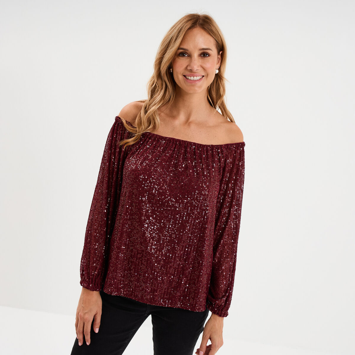 T-shirt sequins et col bardot rouge fonc&eacute; femme