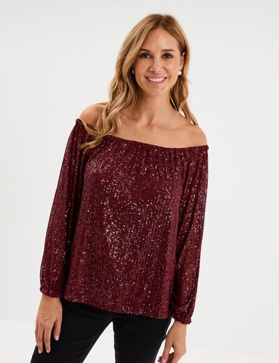 T-shirt sequins et col bardot rouge fonc&eacute; femme